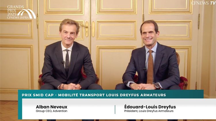 GP CFNEWS INFRA 2025 : Edouard Louis-Dreyfus, LDA (Lauréat) et Alban Neveux, Advention – Prix Smid Cap Mobilité/Transport