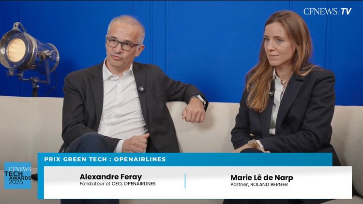 CFNEWS TECH AWARDS 2025 : Alexandre Feray, OpenAirlines (Lauréat) et Marie Lê de Narp, Roland Berger – Prix Green Tech