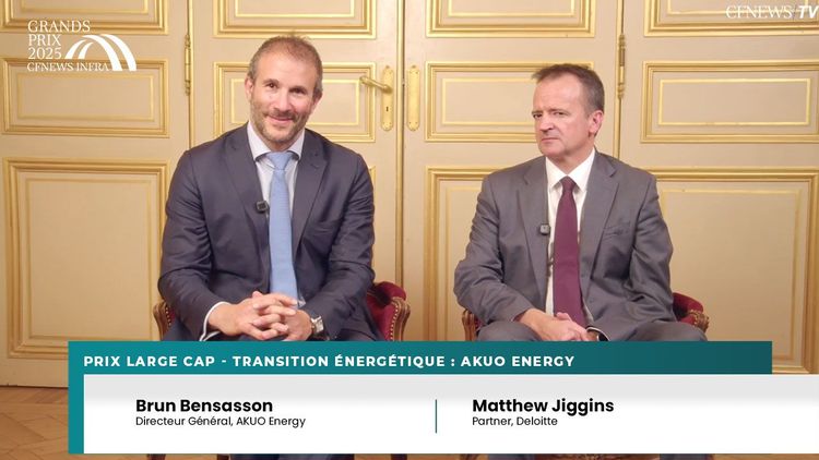 GP CFNEWS INFRA 2025 : Bruno Bensasson, Akuo (Lauréat) et Matthew Jiggins, Deloitte- Prix large cap transition énergitique
