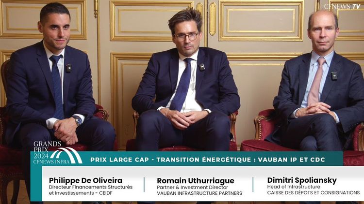 GP CFNEWS INFRA : Romain Uthurriague, Vauban IP (Lauréat), Dimitri Spoliansky, CDC (Lauréat) et Philippe De Oliveira, CEIDF – Prix Large Cap – Transition Energétique