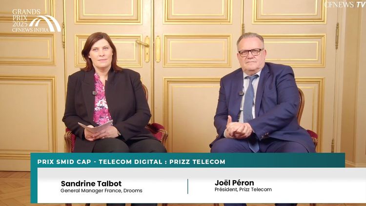 GP CFNEWS INFRA 2025 : Joël Péron, Prizz Telecom (Lauréat) et Sandrine Talbot, Drooms – Prix Smid Cap Telecom/Digital