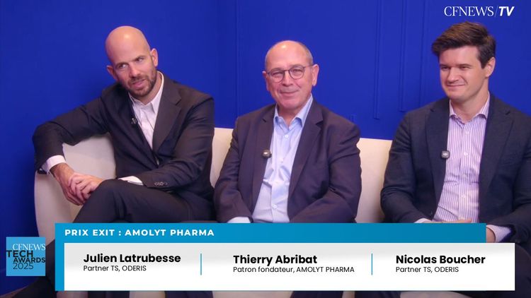 CFNEWS TECH AWARDS 2025 : Thierry Abribat, Amolyt Pharma (Lauréat), Julien Latrubesse et Nicolas Boucher, Oderis – Prix Exit