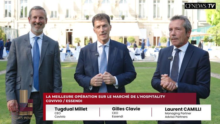 GPCFNEWSIMMO 2025 PARIS – Tugdual Millet, Covivio et Gilles Clavie, Essendi (Lauréats) et Laurent Camilli, Adviso Partners – Prix meilleure opération Hospitality